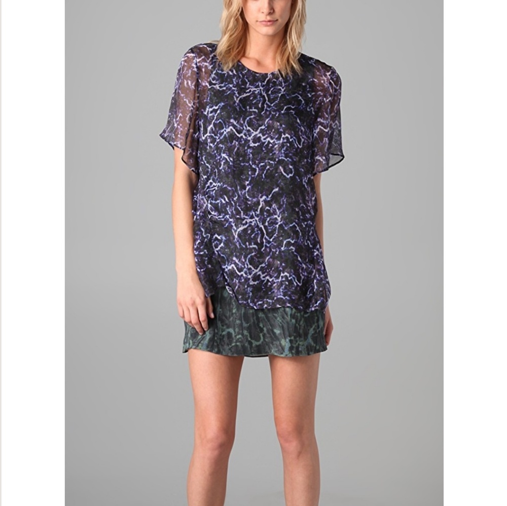 Theyskens Theory Mini Dress  Ilvet Boho Blue Combo Print Silk Shift Size Small